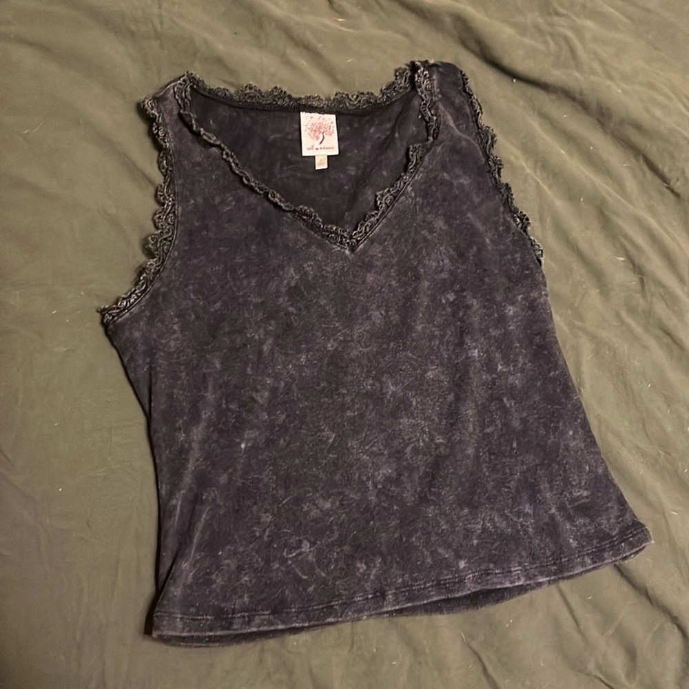 Charcoal light wash lace trimmed tank top